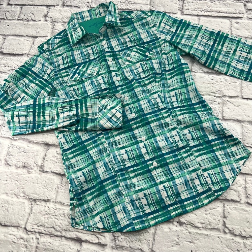 Eddie Bauer Womens Performance Long Sleeve Shirt Size S Green Blue Plaid
